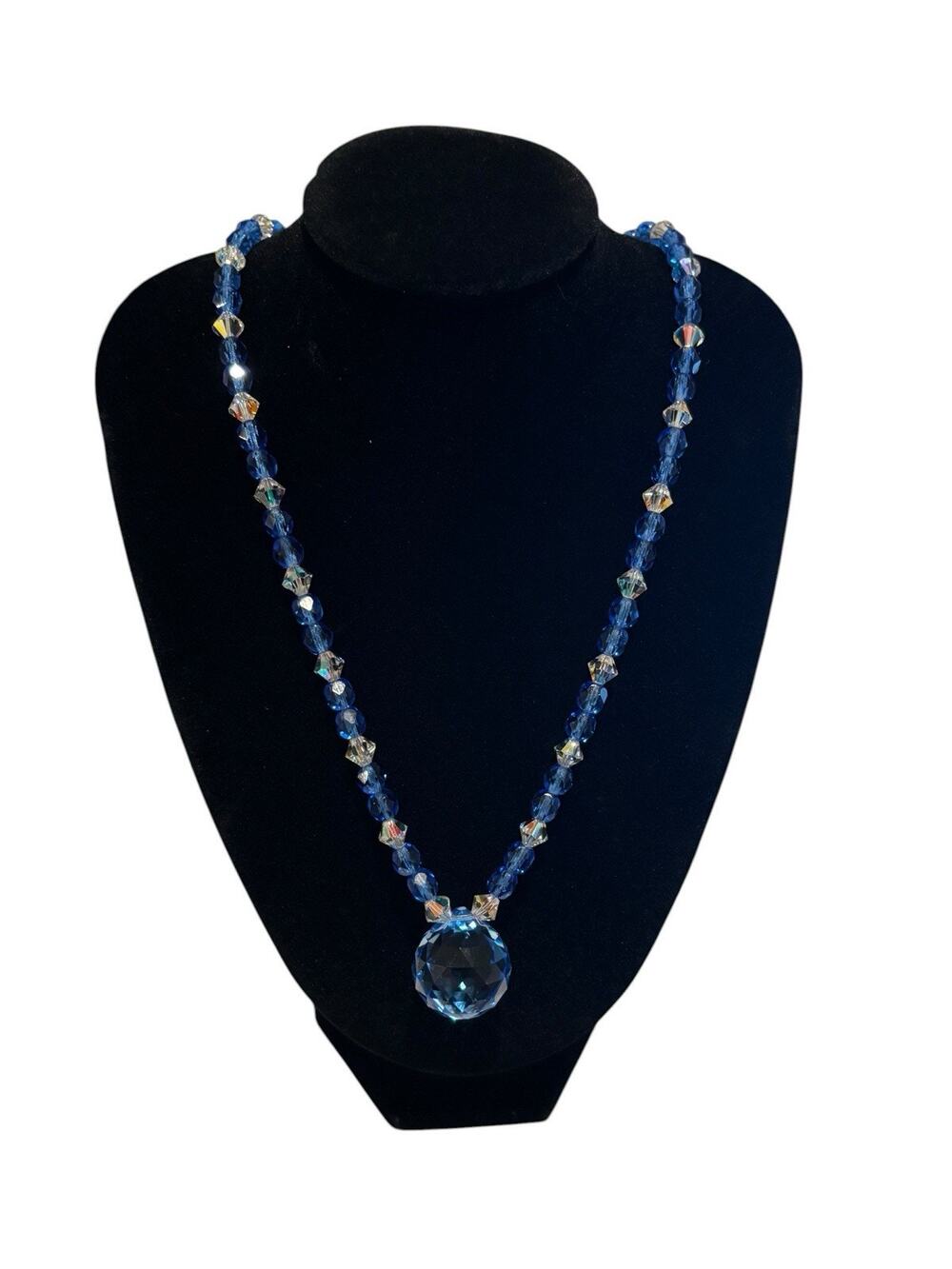 Vintage Sapphire Blue & Clear AB Faceted Crystal Bead Necklace Orb Pendant 20”